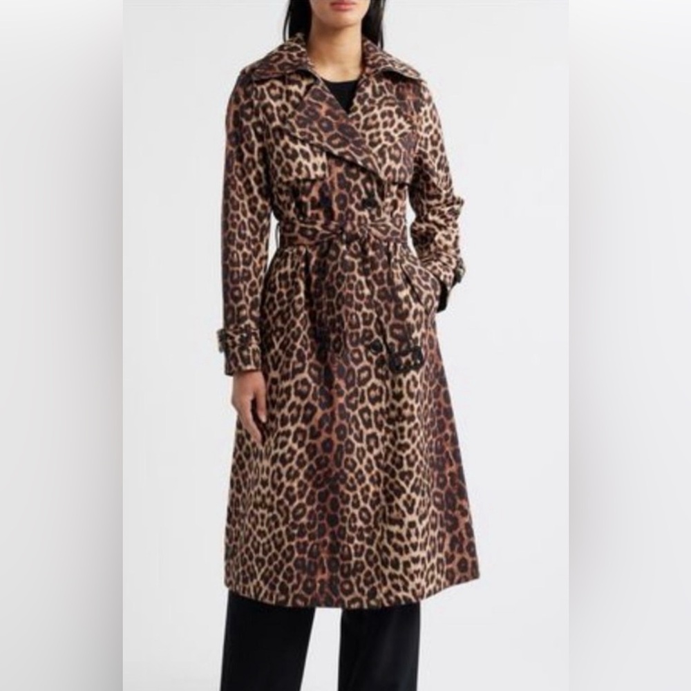BCBGMaxazria Trench Coat Leopard Print Brown Black Medium